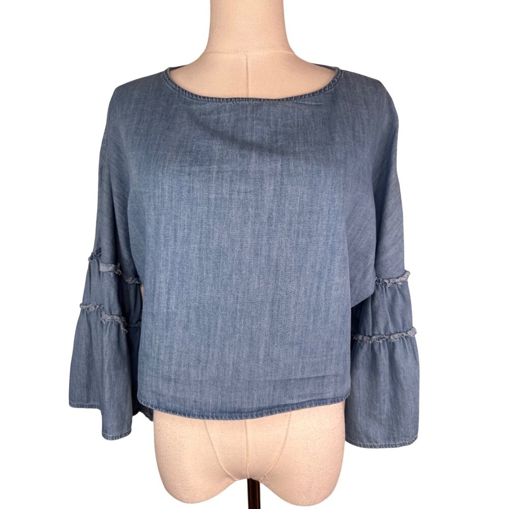 ZARA Trafaluc Small Denim Blouse With Bell Sleeves & Back Keyhole Detail